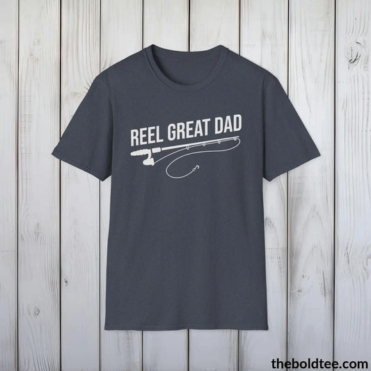 T-Shirt Heather Navy / S Reel Great Dad T-Shirt - Premium Dad Fishing Graphic Tee - Fishing Gift For Father - Funny Meme Fishing Shirt - 9 Colors Available