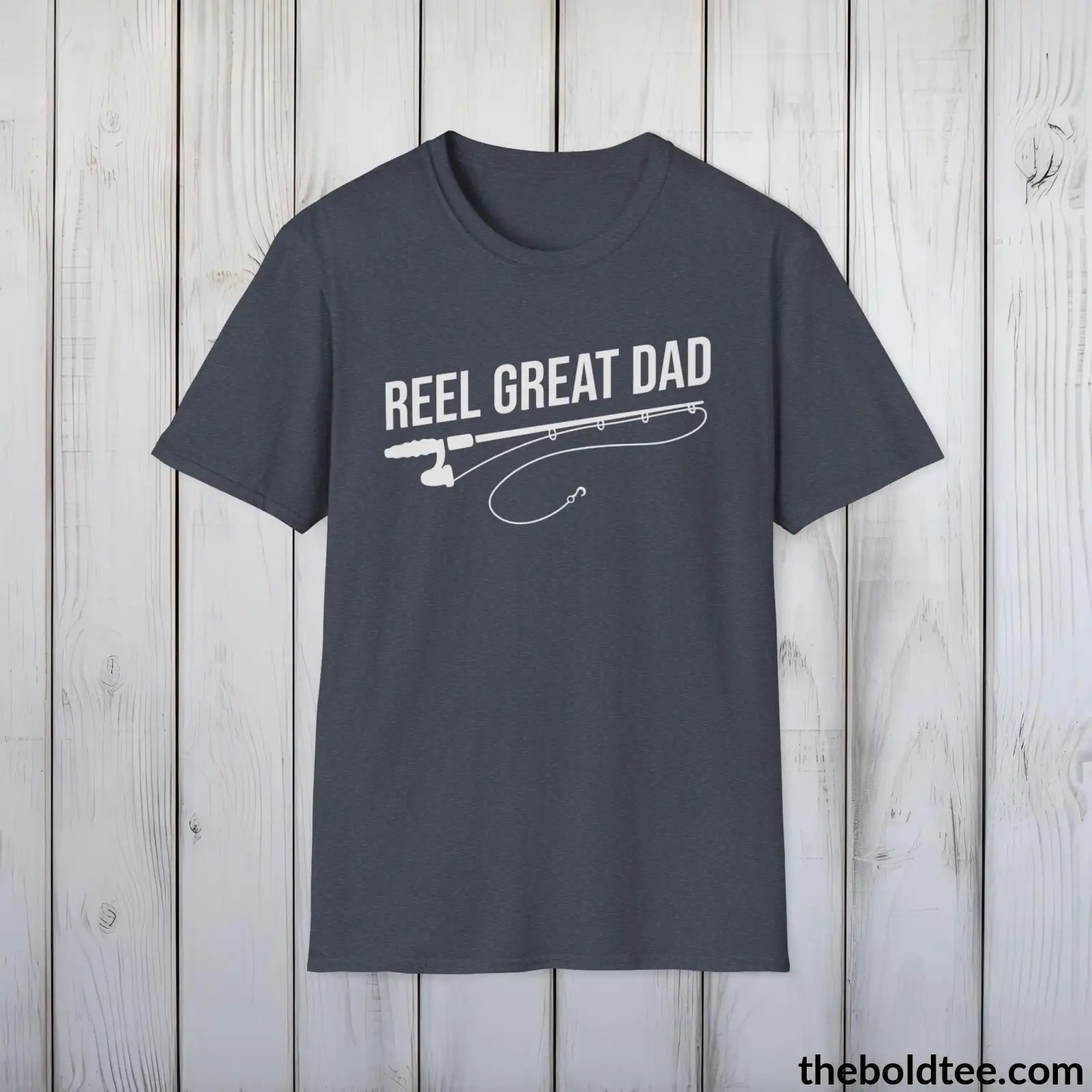 T-Shirt Heather Navy / S Reel Great Dad T-Shirt - Premium Dad Fishing Graphic Tee - Fishing Gift For Father - Funny Meme Fishing Shirt - 9 Colors Available