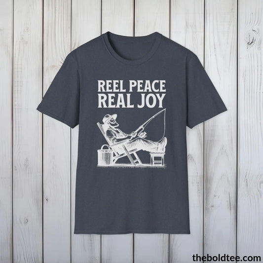 T-Shirt Heather Navy / S Reel Peace Real Joy T-Shirt - Premium Fishing Graphic Tee - Fishing Gift For Fishermen - Relaxing Fishing T-Shirt - 9 Colors Available