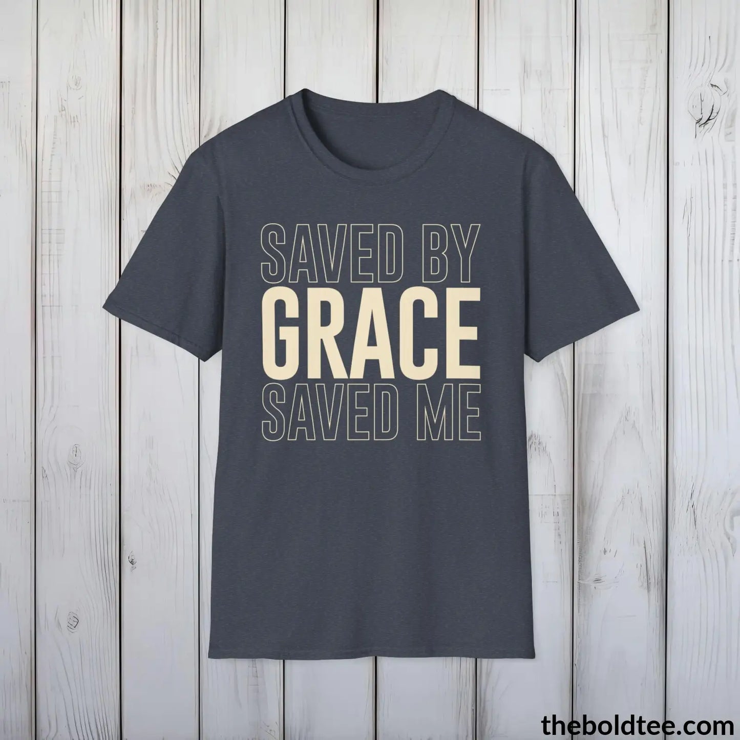 T-Shirt Heather Navy / S Saved By Grace Christian T-Shirt - Inspirational Casual Soft Cotton Crewneck Tee - Graceful Church Gift for Friends and Family - 8 Colors