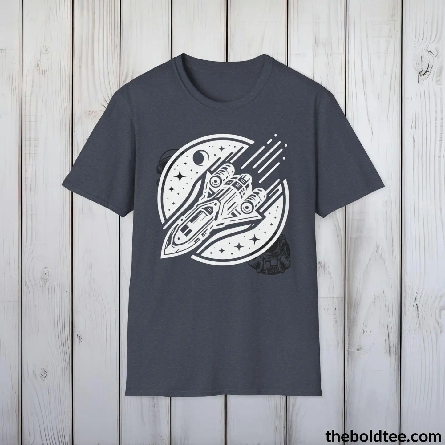 T-Shirt Heather Navy / S Space Ship Tee - Sustainable & Soft Cotton Crewneck Unisex T-Shirt - 9 Bold Colors