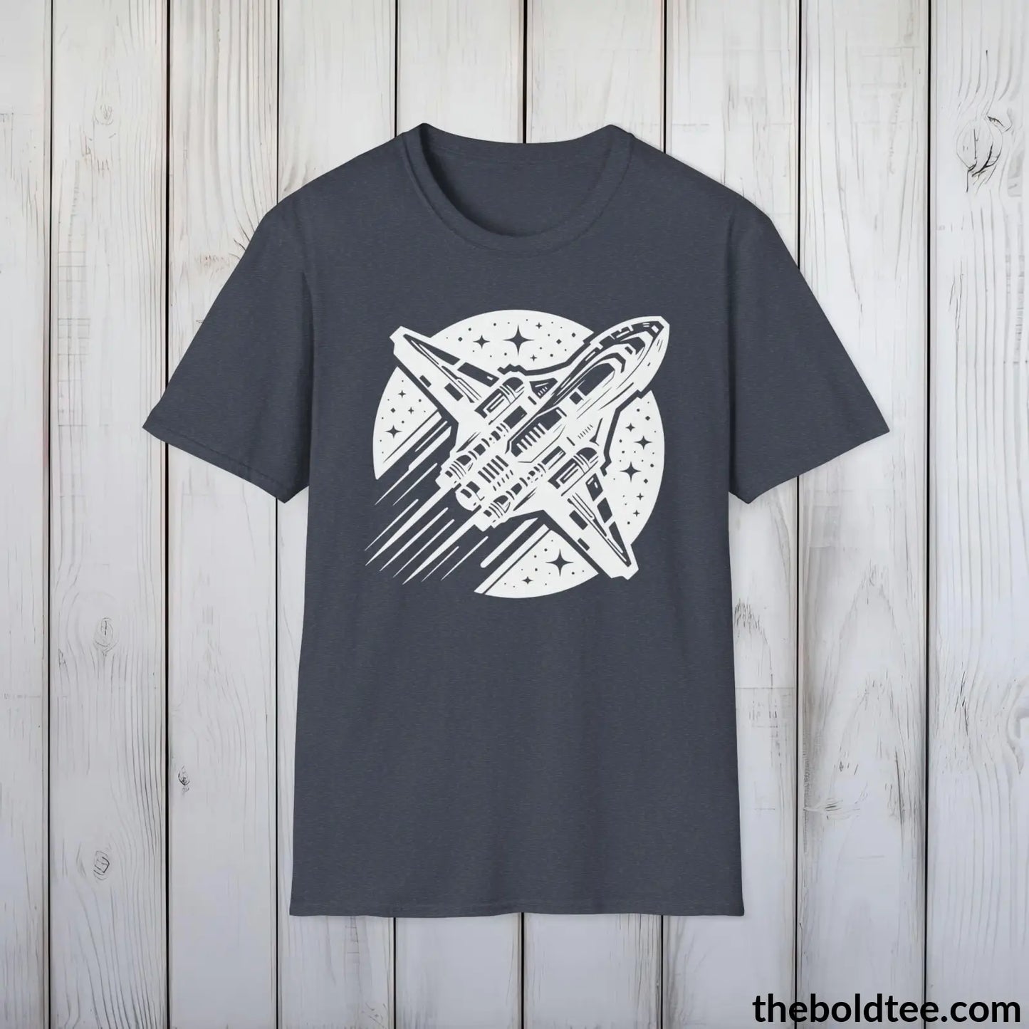 T-Shirt Heather Navy / S Space Ship Tee - Sustainable & Soft Cotton Crewneck Unisex T-Shirt - 9 Bold Colors