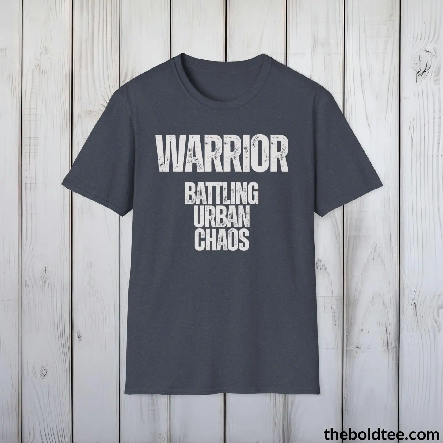 T-Shirt Heather Navy / S WARRIOR - Battling Urban Chaos Tee - Bold Urbnan Cotton T-Shirt - 9 Epic Colors Available