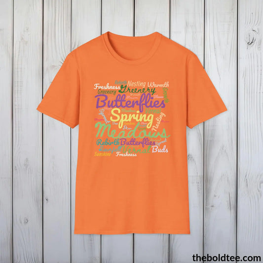 T-Shirt Heather Orange / S Spring Vibes Word Cloud T-Shirt - Typography Springtime Text Tee - Seasonal Spring Cotton Tee Gift for Her - 6 Stylish Trendy Colors