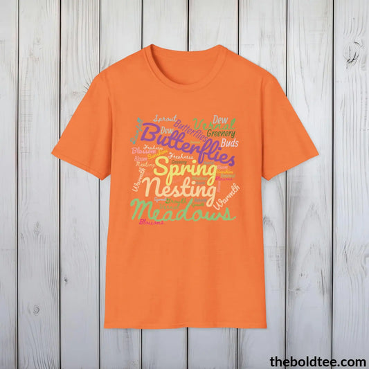 T-Shirt Heather Orange / S Spring Vibes Word Cloud T-Shirt - Typography Springtime Text Tee - Seasonal Spring Cotton Tee Gift for Her - 6 Stylish Trendy Colors