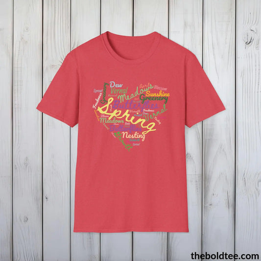 T-Shirt Heather Red / S Spring Vibes Word Cloud T-Shirt - Typography Springtime Text Tee - Seasonal Spring Cotton Tee Gift for Her - 6 Stylish Trendy Colors