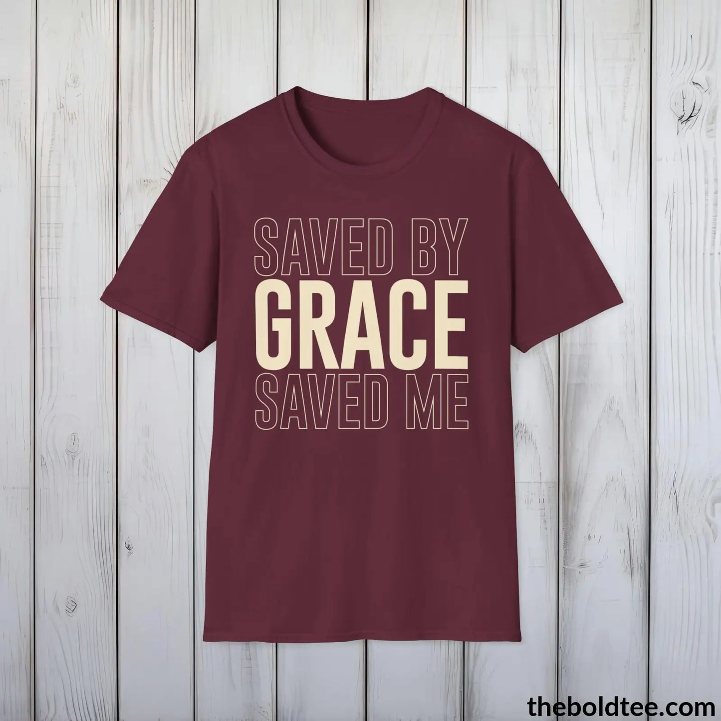 T-Shirt Maroon / S Saved By Grace Christian T-Shirt - Inspirational Casual Soft Cotton Crewneck Tee - Graceful Church Gift for Friends and Family - 8 Colors