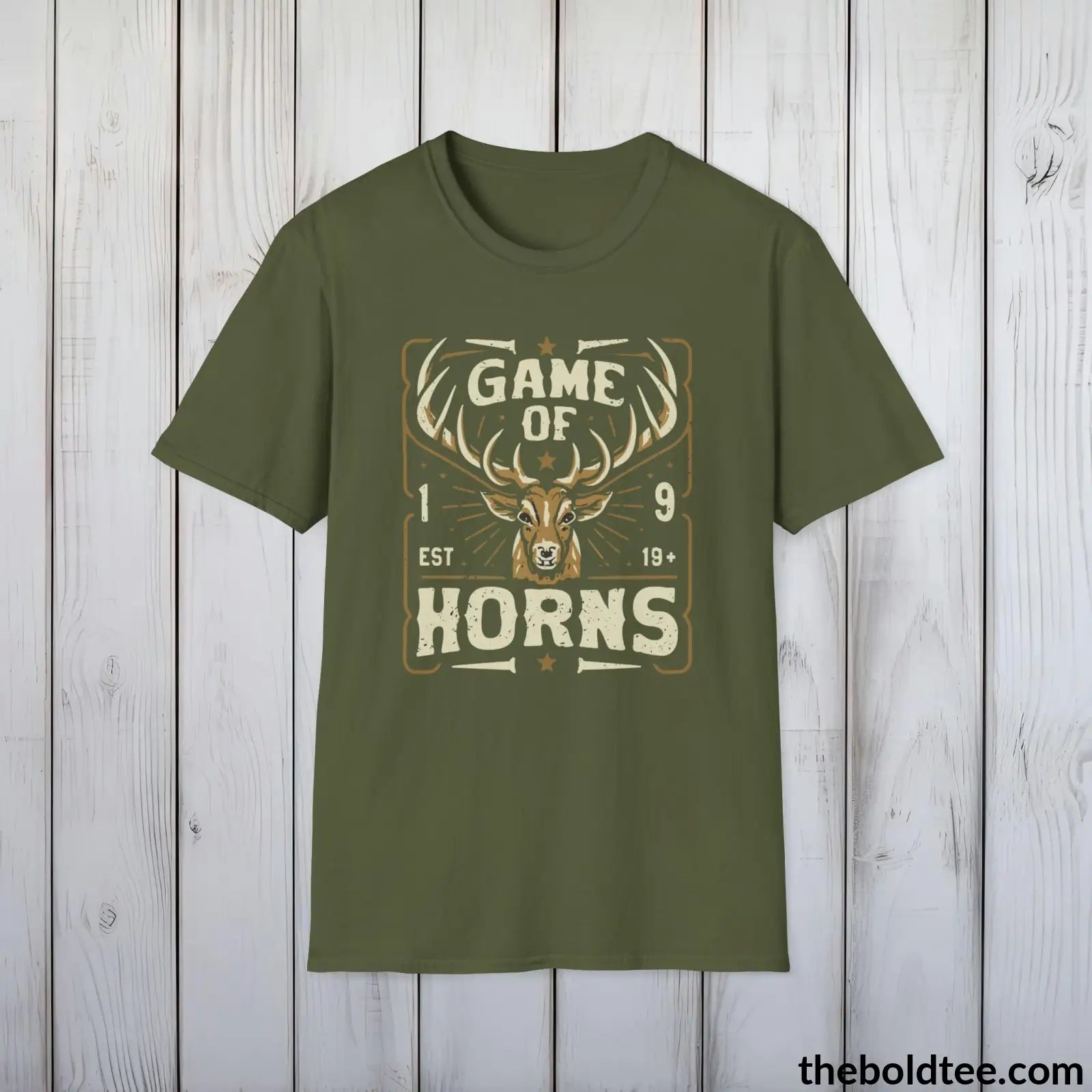 T-Shirt Military Green / S Game of Horns Deer Hunter T-Shirt - Great Funny Gift for Outdoor Hunting Adventurers - Ultimate Comfort in Green, Grey or Navy