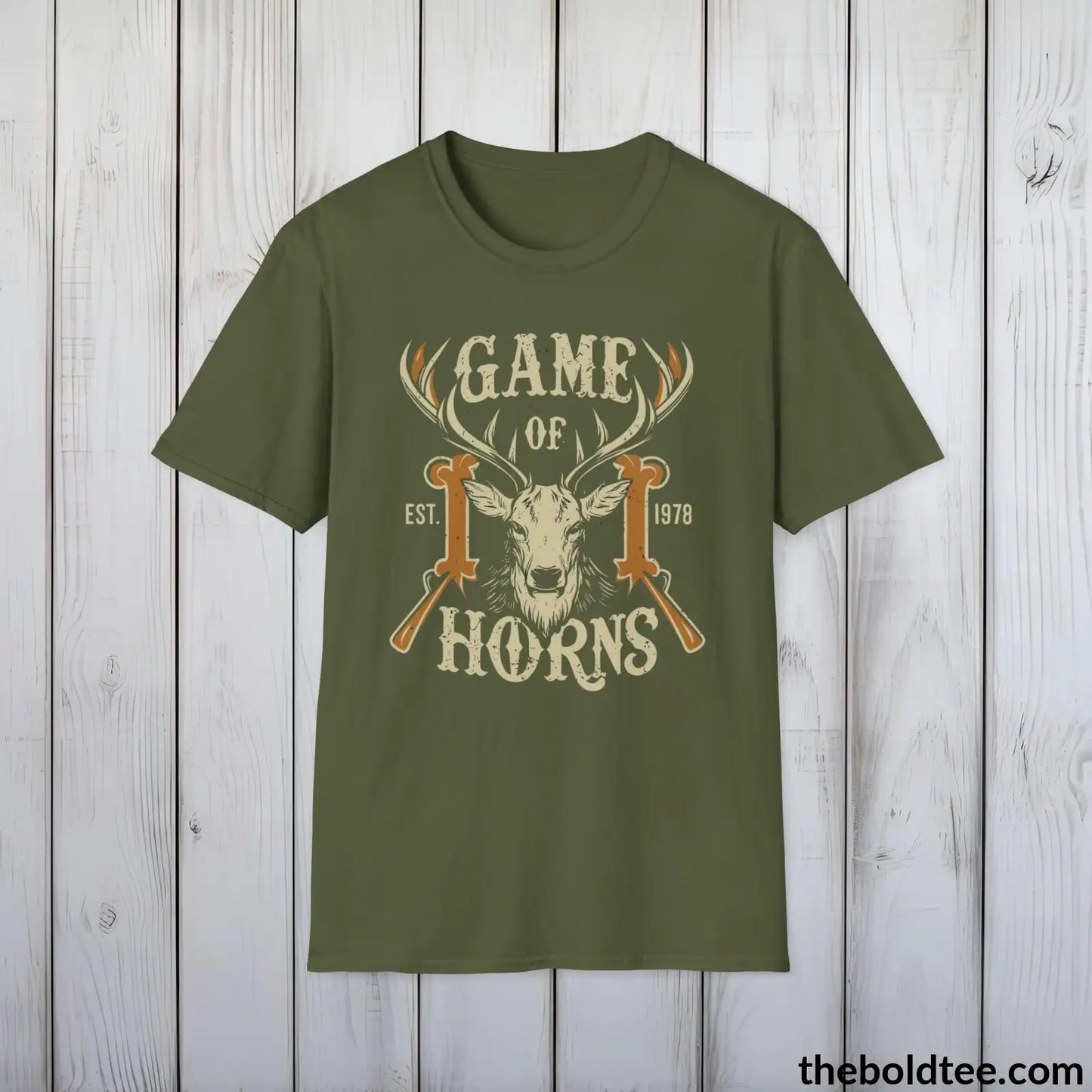 T-Shirt Military Green / S Game of Horns Deer Hunter T-Shirt - Great Funny Gift for Outdoor Hunting Adventurers - Ultimate Comfort in Green, Grey or Navy