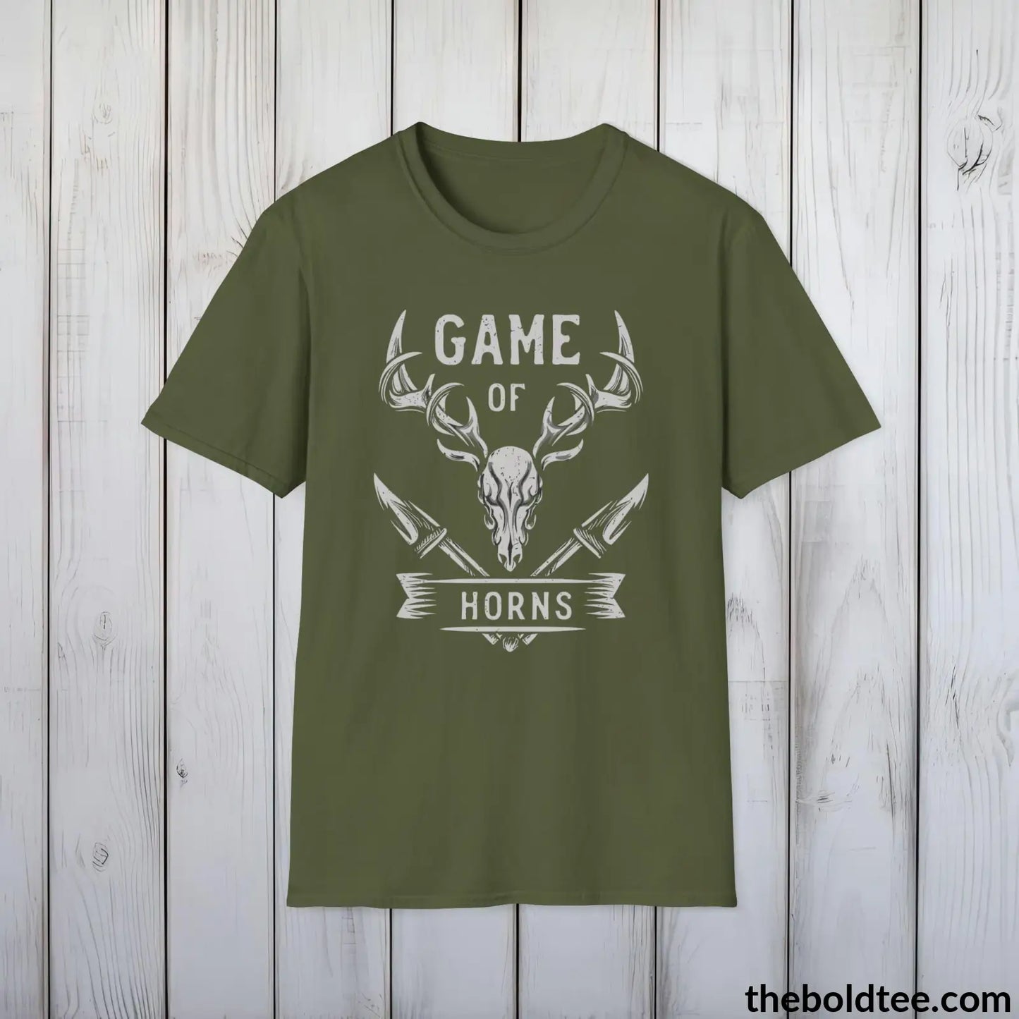 T-Shirt Military Green / S Game of Horns Deer Hunter T-Shirt - Great Funny Gift for Outdoor Hunting Adventurers - Ultimate Comfort in Green, Grey or Navy