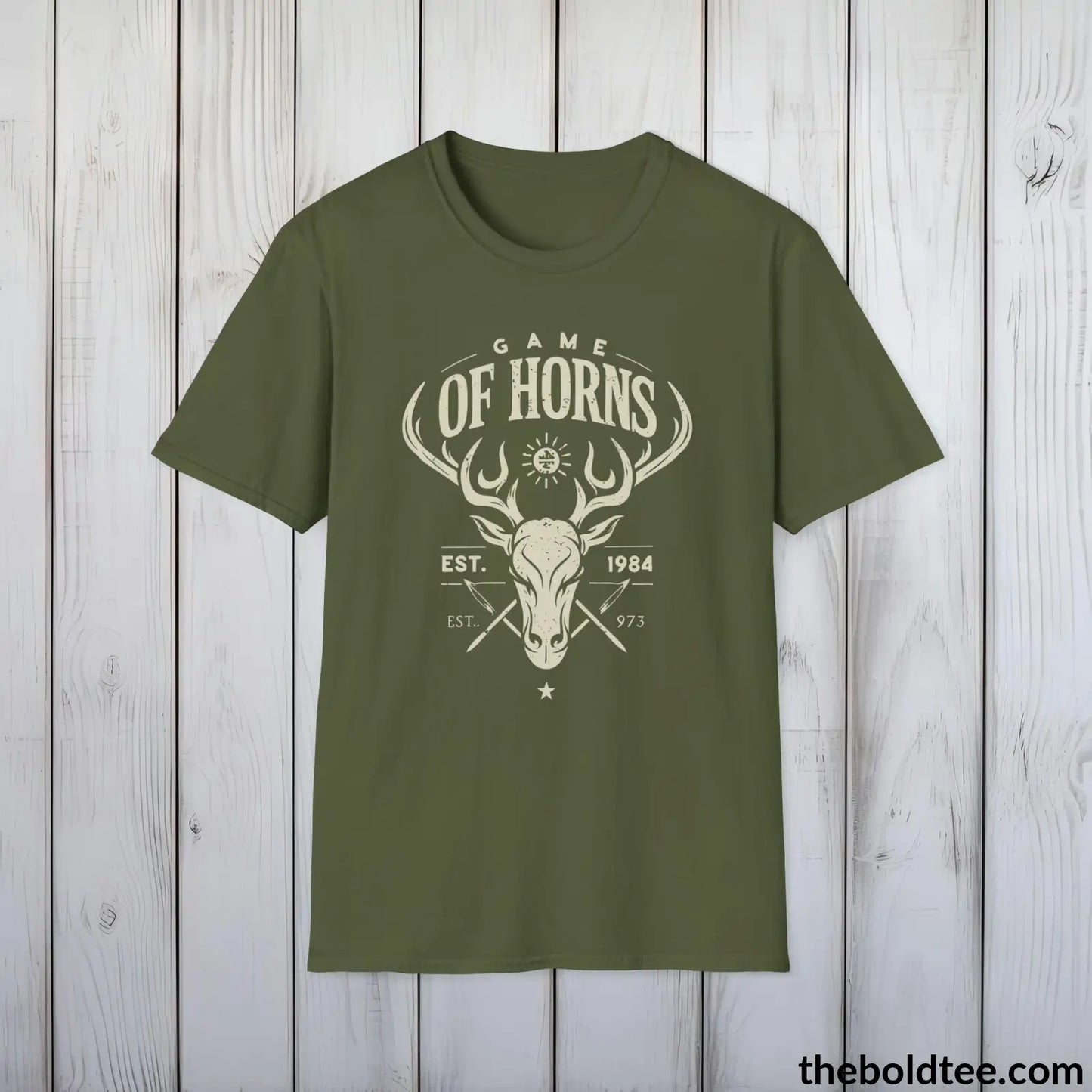 T-Shirt Military Green / S Game of Horns Deer Hunter T-Shirt - Great Funny Gift for Outdoor Hunting Adventurers - Ultimate Comfort in Green, Grey or Navy