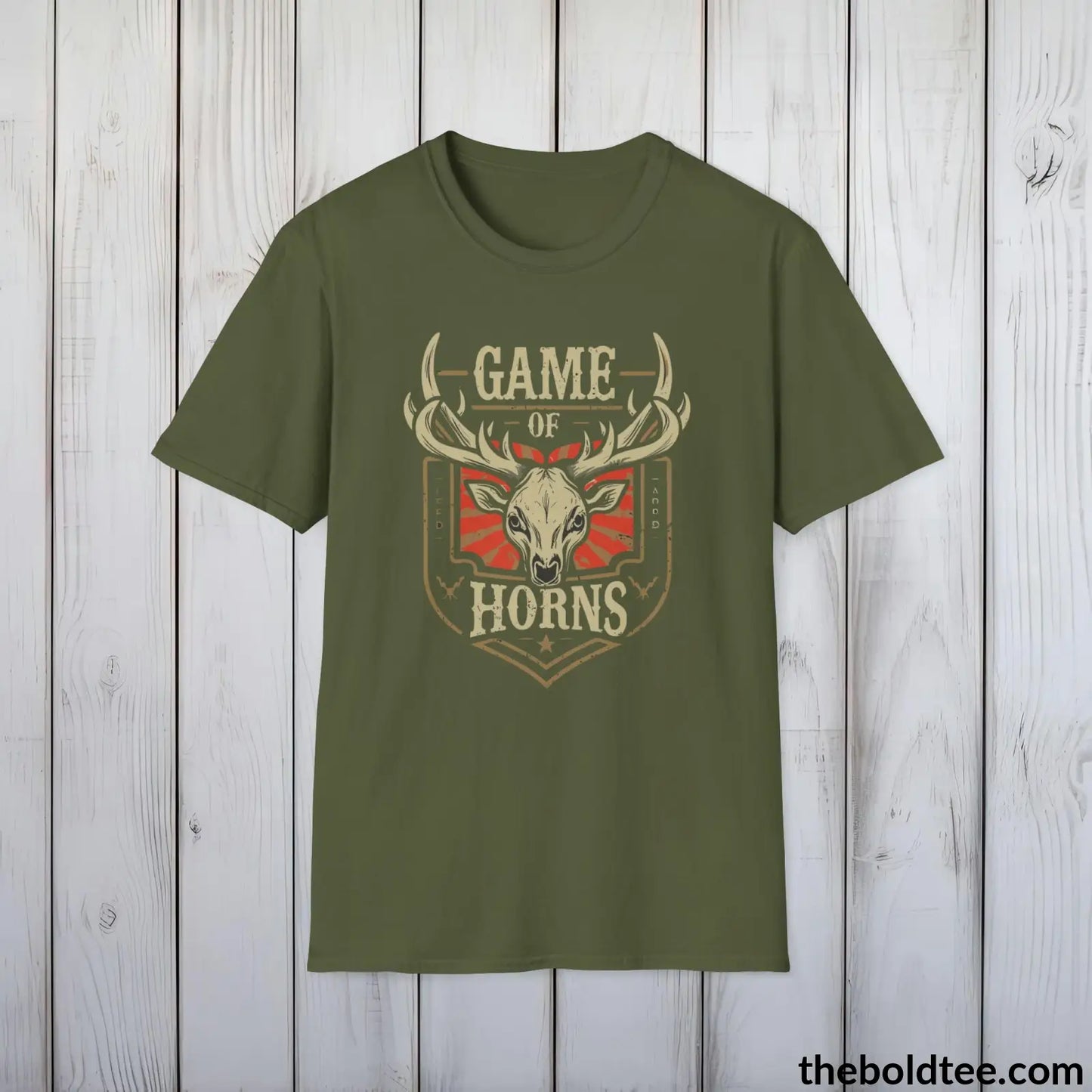 T-Shirt Military Green / S Game of Horns Deer Hunter T-Shirt - Great Funny Gift for Outdoor Hunting Adventurers - Ultimate Comfort in Green, Grey or Navy