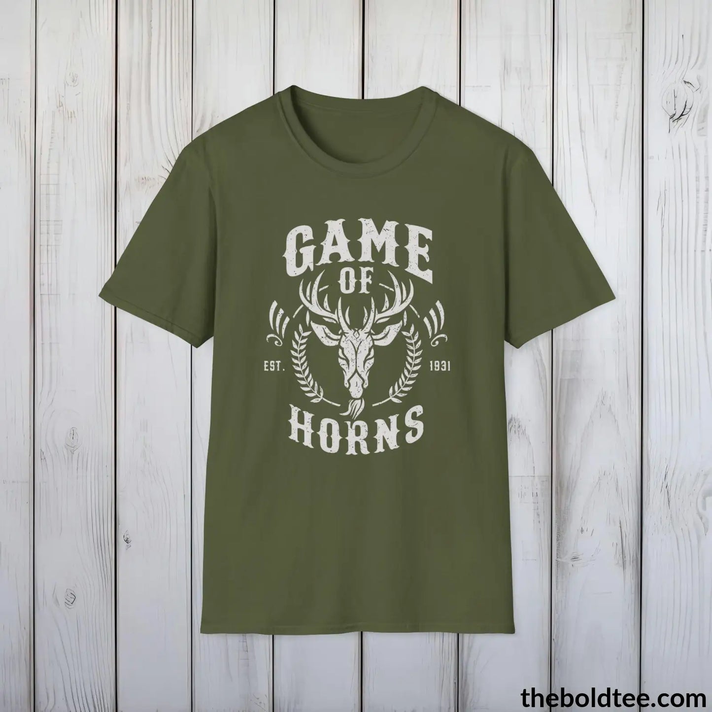 T-Shirt Military Green / S Game of Horns Deer Hunter T-Shirt - Great Funny Gift for Outdoor Hunting Adventurers - Ultimate Comfort in Green, Grey or Navy