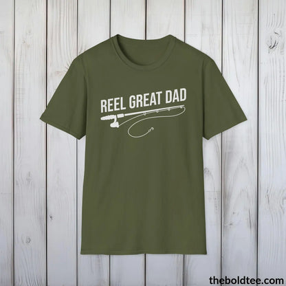 T-Shirt Military Green / S Reel Great Dad T-Shirt - Premium Dad Fishing Graphic Tee - Fishing Gift For Father - Funny Meme Fishing Shirt - 9 Colors Available