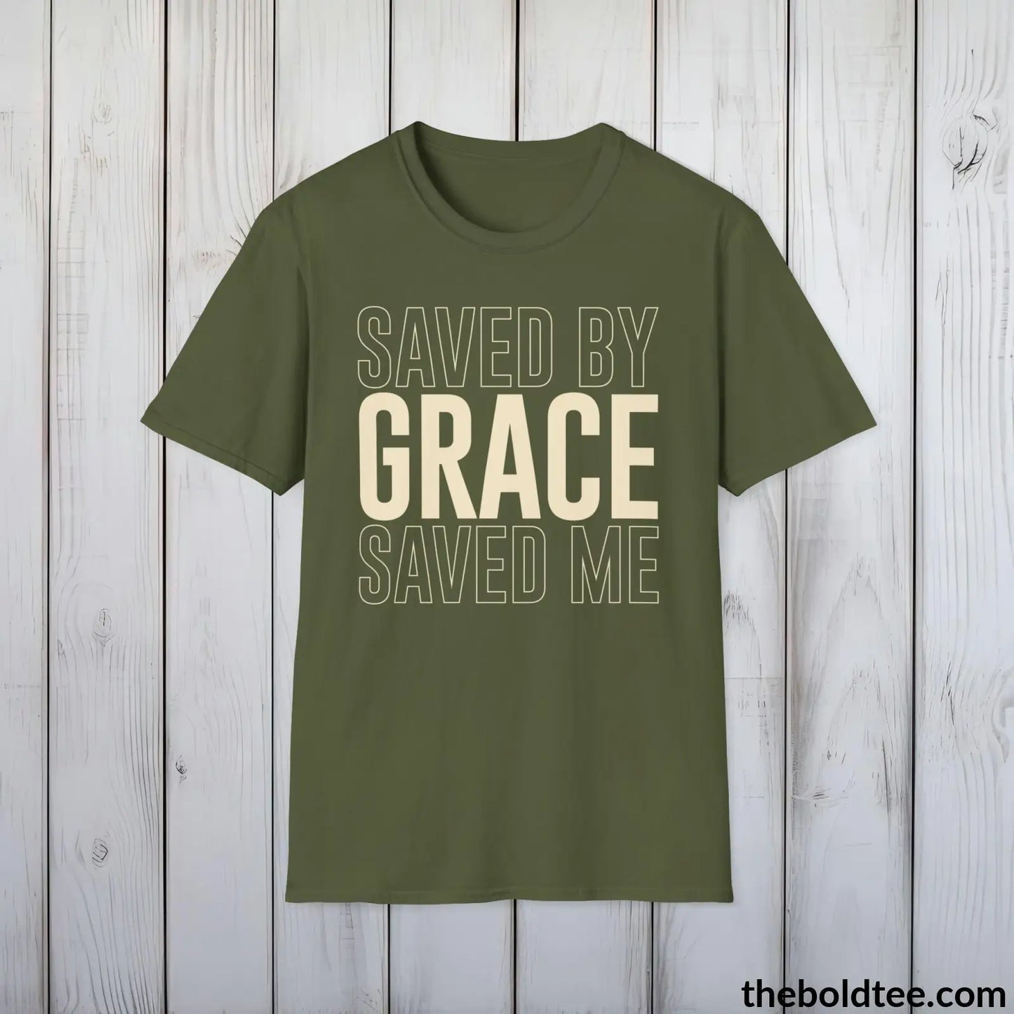 T-Shirt Military Green / S Saved By Grace Christian T-Shirt - Inspirational Casual Soft Cotton Crewneck Tee - Graceful Church Gift for Friends and Family - 8 Colors