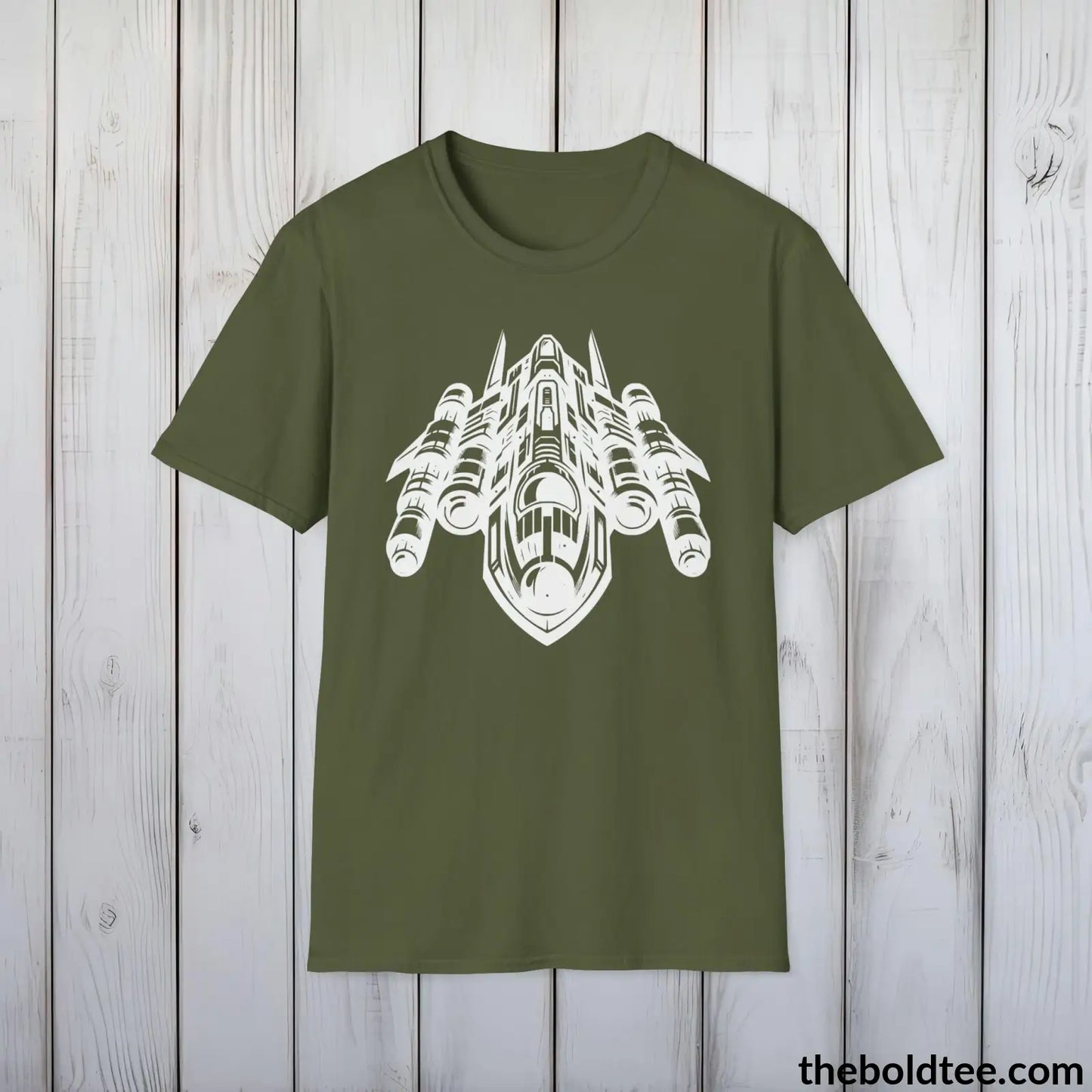 T-Shirt Military Green / S Space Ship Tee - Sustainable & Soft Cotton Crewneck Unisex T-Shirt - 9 Bold Colors