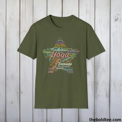 T-Shirt Military Green / S Yoga Word Art T-Shirt - Mindfulness & Harmony Vocabulary Unisex Tee - Peaceful Savasana Cotton Shirt Yogi Gift - 8 Stylish Trendy Colors