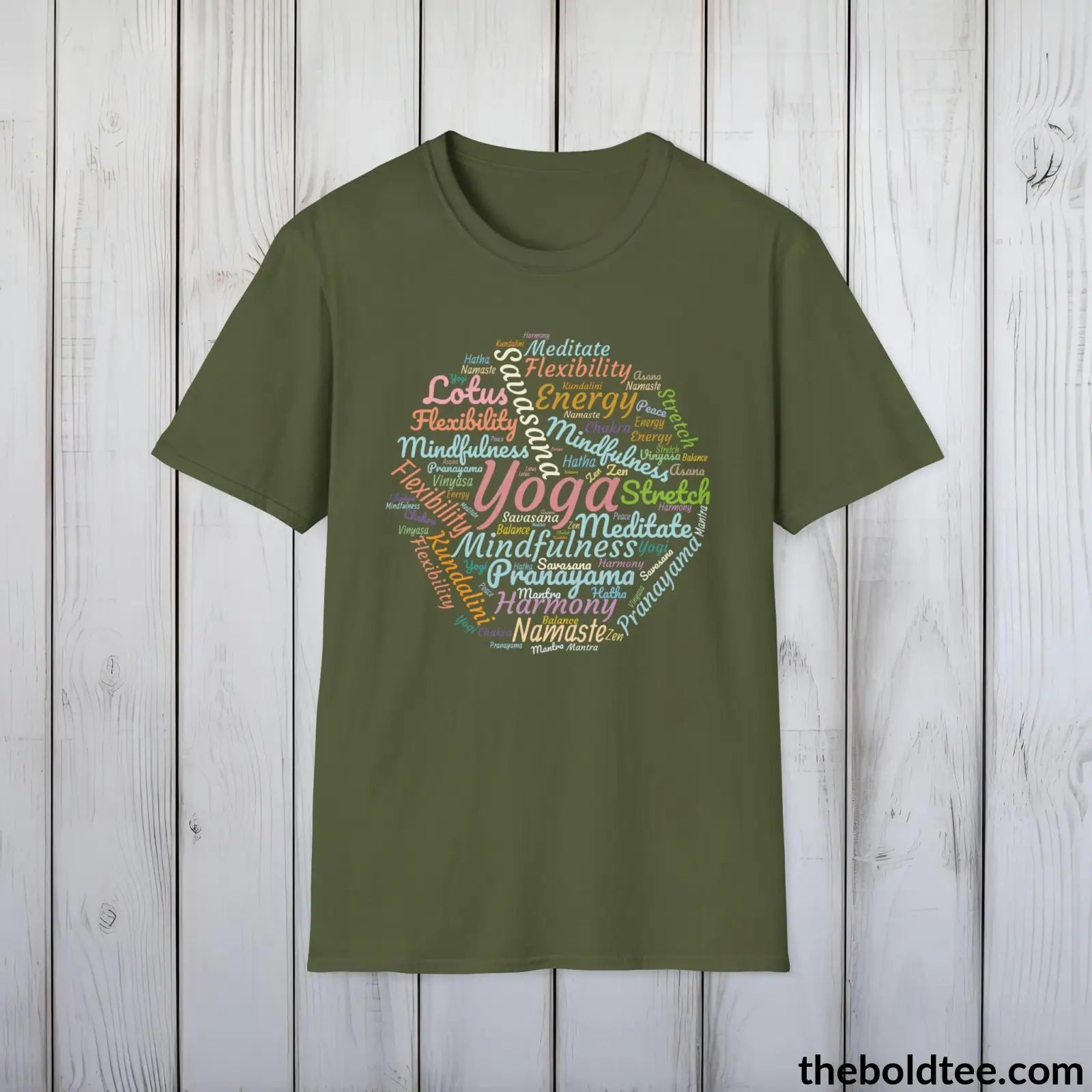 T-Shirt Military Green / S Yoga Word Art T-Shirt - Mindfulness & Harmony Vocabulary Unisex Tee - Peaceful Savasana Cotton Shirt Yogi Gift - 8 Stylish Trendy Colors