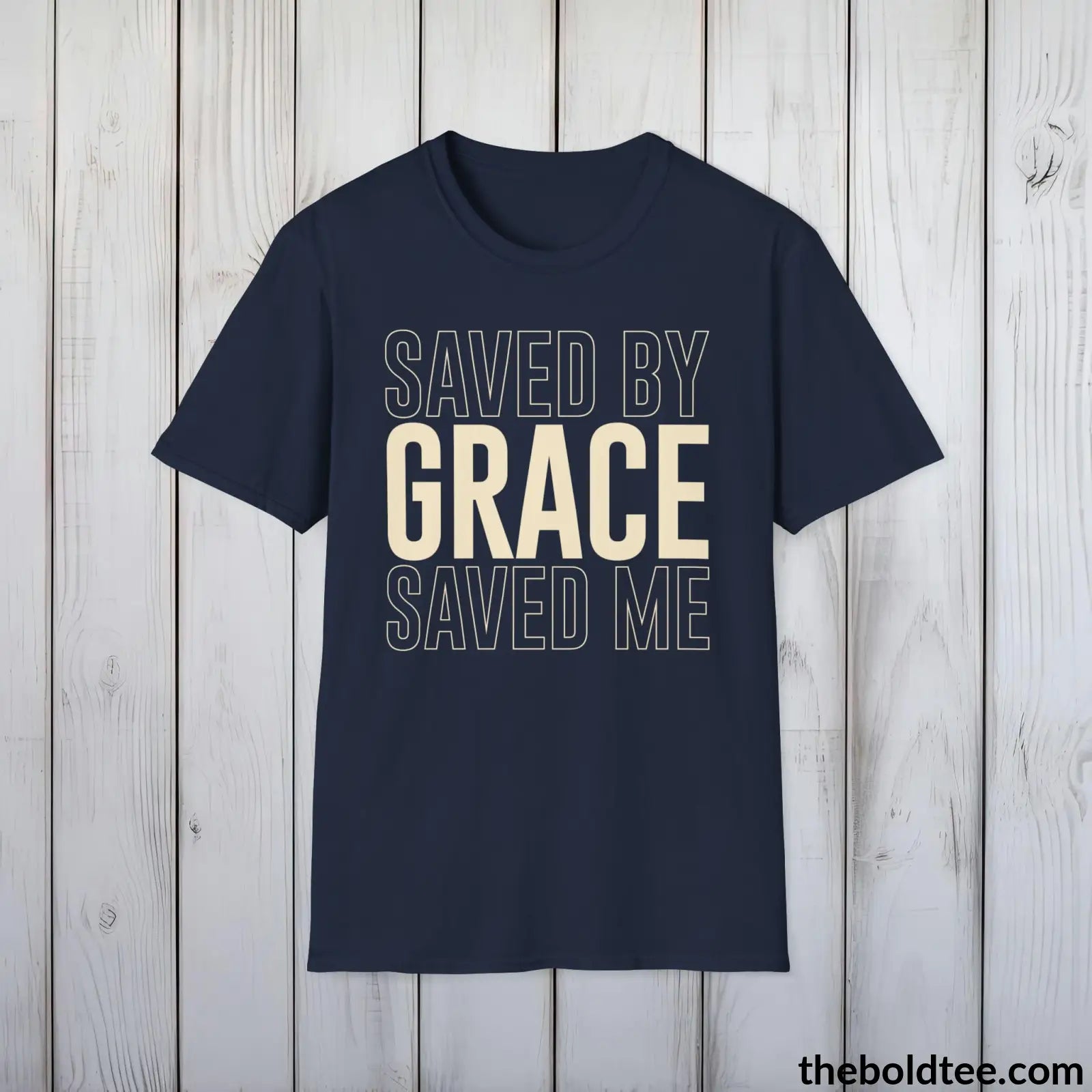 T-Shirt Navy / S Saved By Grace Christian T-Shirt - Inspirational Casual Soft Cotton Crewneck Tee - Graceful Church Gift for Friends and Family - 8 Colors