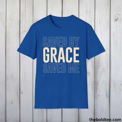 T-Shirt Royal / S Saved By Grace Christian T-Shirt - Inspirational Casual Soft Cotton Crewneck Tee - Graceful Church Gift for Friends and Family - 8 Colors