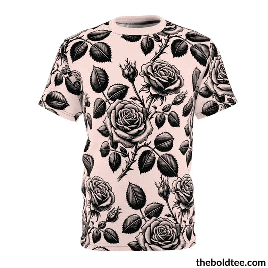 Vintage Roses Pattern Tee - Premium All Over Print Crewneck Black Stitching / 6 Oz. S Prints